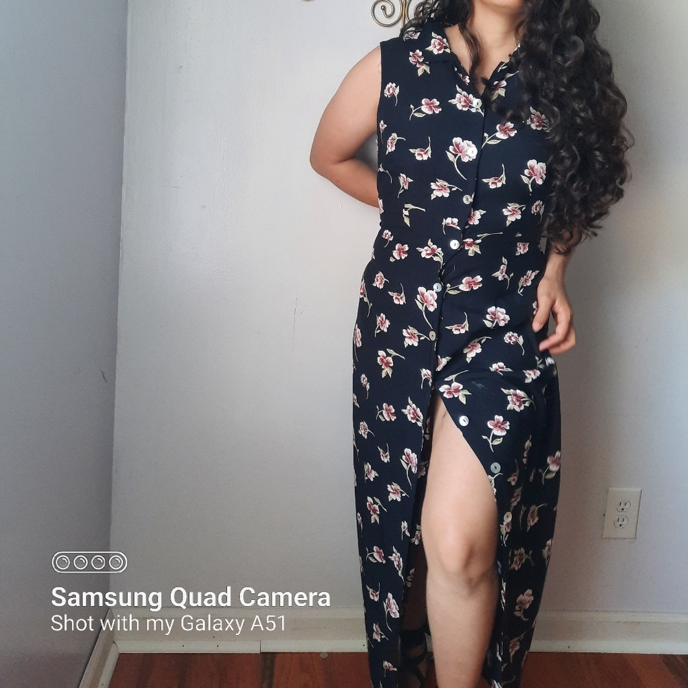 Vintage black floral button-down dress